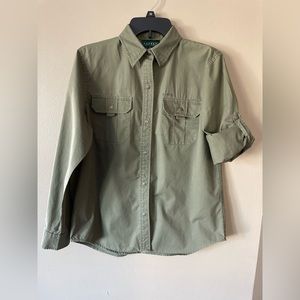 Lauren Ralph Lauren Women’s M Army Green Snap Front Roll-Tab Sleeves Shirt